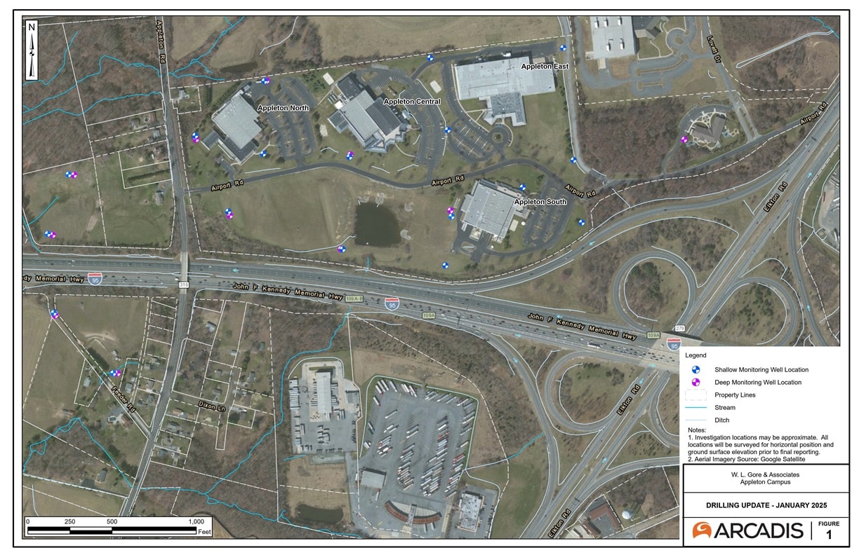 Birds-eye-view of the Appleton Campus map showing various monitoring wells