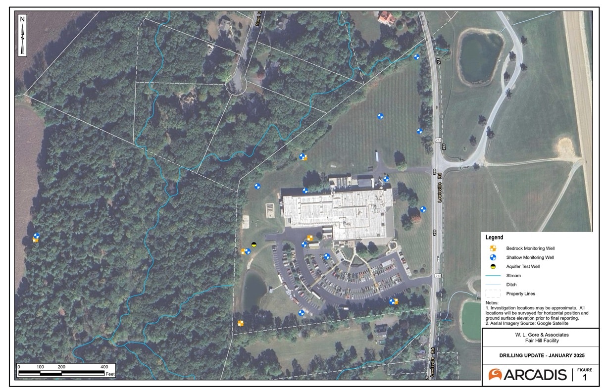 Birds-eye-view of the Fair Hill Facility showing multiple locations of the monitoring wells